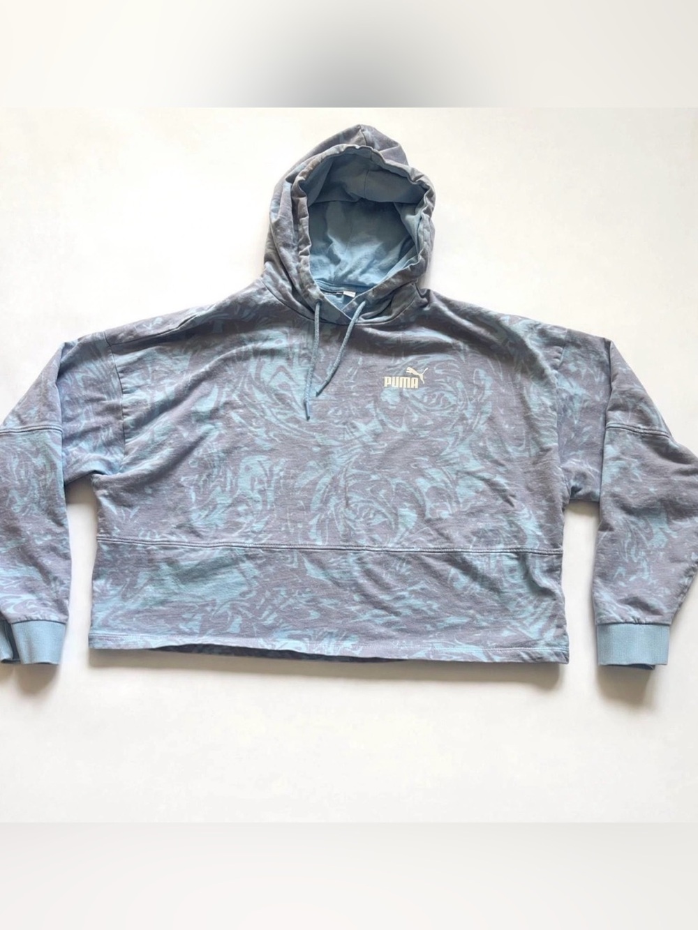 Puma Cropped Hoodie Blue Gray Marble Tie Dye Pullover Drawstring Boxy Fit